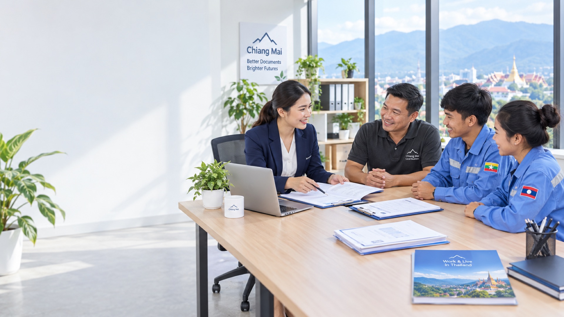 A Best Friend Visa consultant advising an employer and Myanmar and Lao workers at the Chiang Mai office